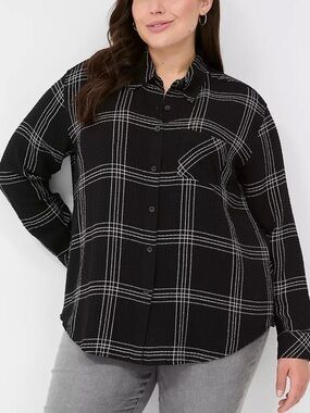 Lane Bryant Button-Down Crinkle Plaid Shirt, black & white